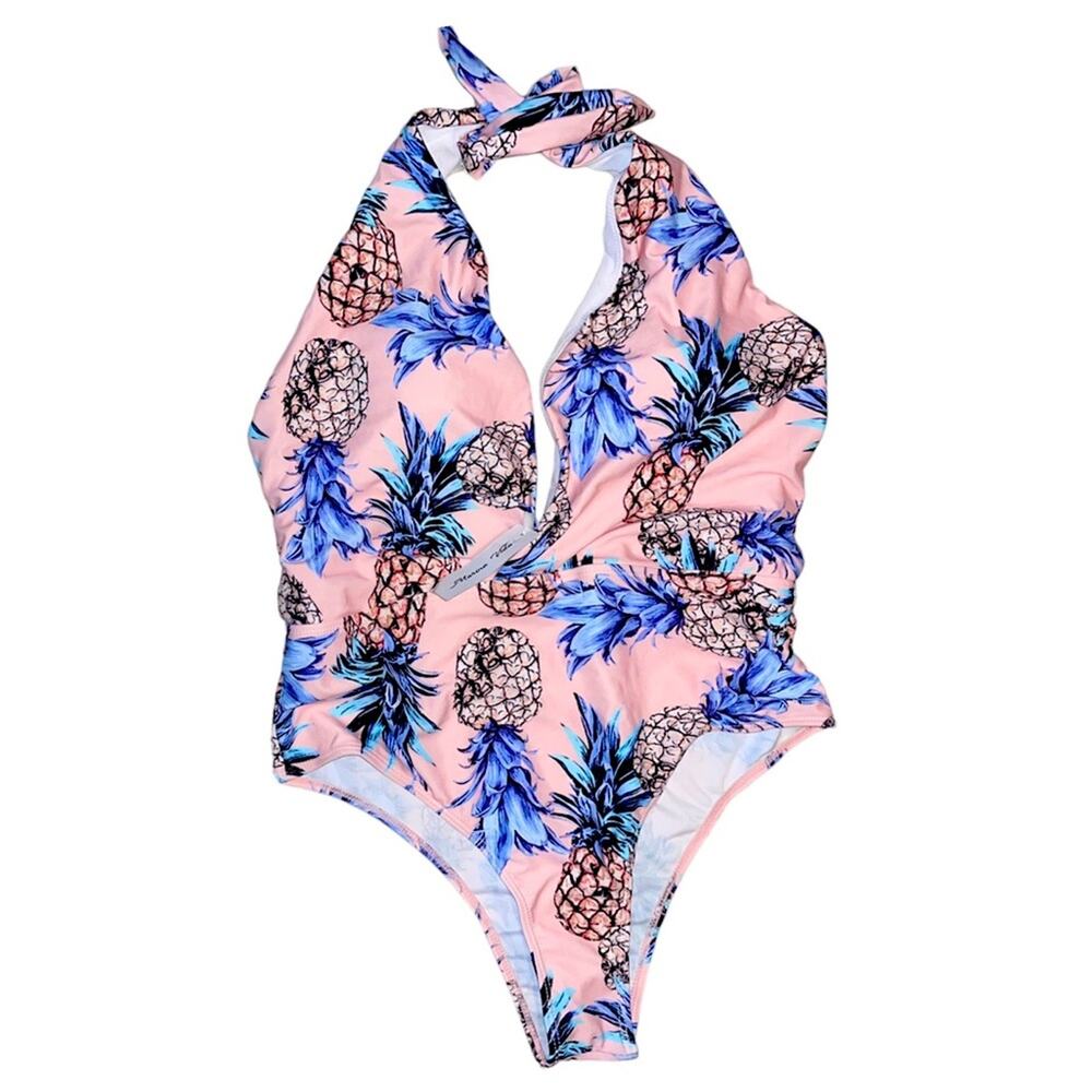 Marina Vida Pineapple Print Halter One-piece swimsuit XL New